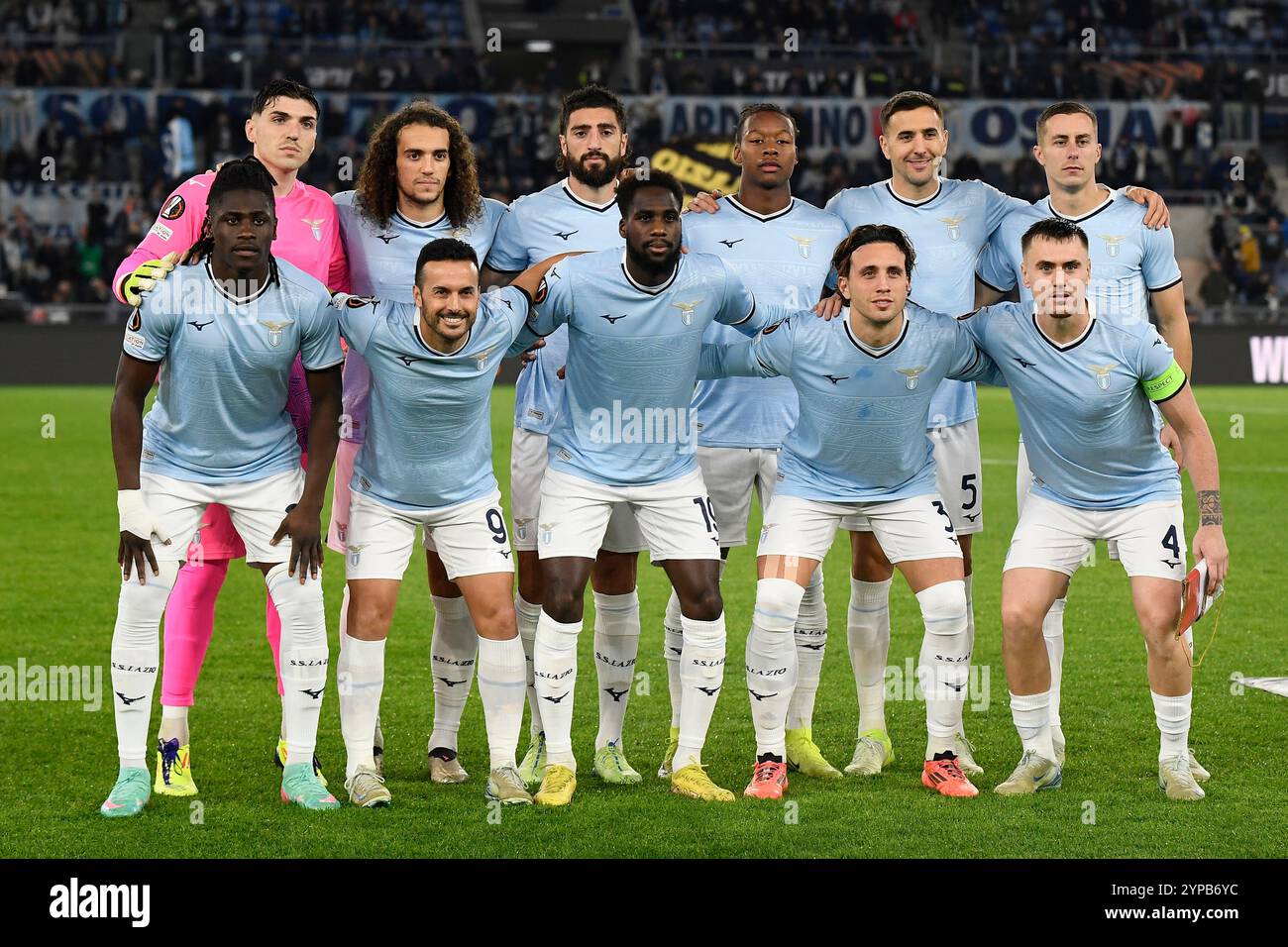 Formazione della squadra delle SS Lazio: Christos Mandas, Matteo Guendouzi, Samuel Gigot, Tijjani Noslin, Matias Vecino, Adam Marusic, Loum Tchaouna, Pedro Eliezer Rodriguez Ledesma, Boulaye dia, Luca Pellegrini e Patricio Gabarron Gil Patric delle SS Lazio durante la partita di calcio Europa League tra SS Lazio e PFK Ludogorets allo stadio Olimpico di Roma, 28 novembre 2024. Foto Stock