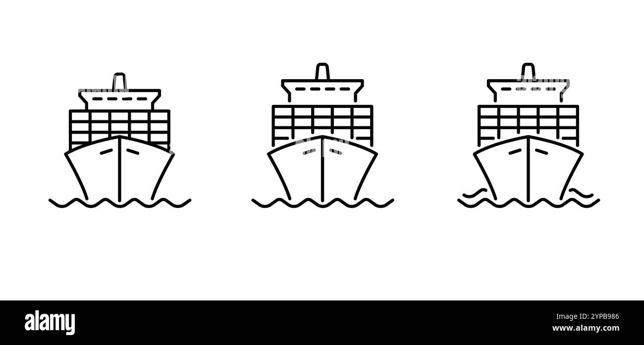 Nave container Cartoon. Schema della linea dell'imbarcazione. Nave da carico, nave, barche con il logo. Concetto di trasporto di container di carico. Trasporto c Foto Stock