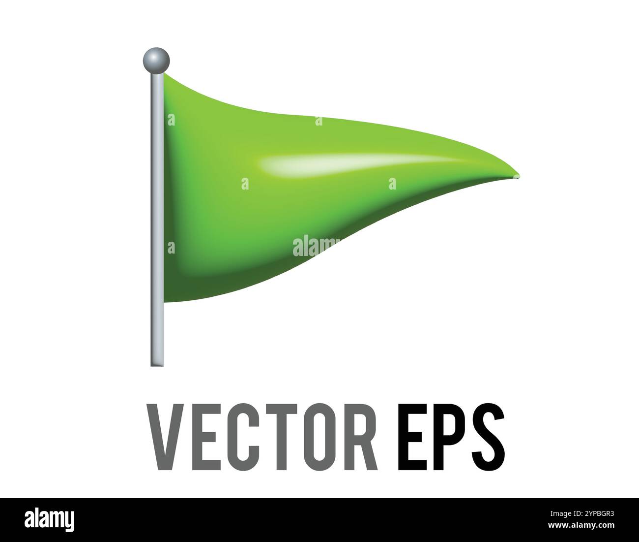 Icona a forma di bandiera verde a gradiente triangolare del vettore isolato con asta d'argento. Il più comunemente associato con il golf, come mostrato nella bandiera nel foro emoji. Illustrazione Vettoriale