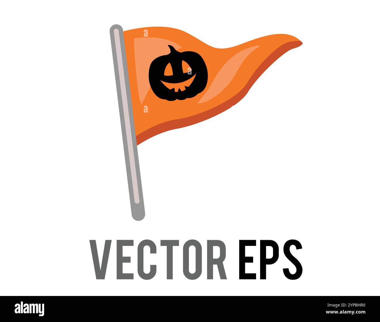 L'icona della bandiera arancione triangolare vettoriale isolata con il volto nero della zucca di Halloween e il palo d'argento. Illustrazione Vettoriale