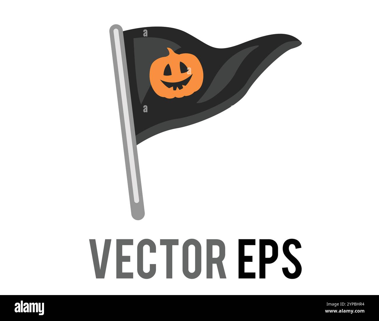 L'icona della bandiera nera triangolare vettoriale isolata con il volto della zucca di Halloween e il palo d'argento. Illustrazione Vettoriale