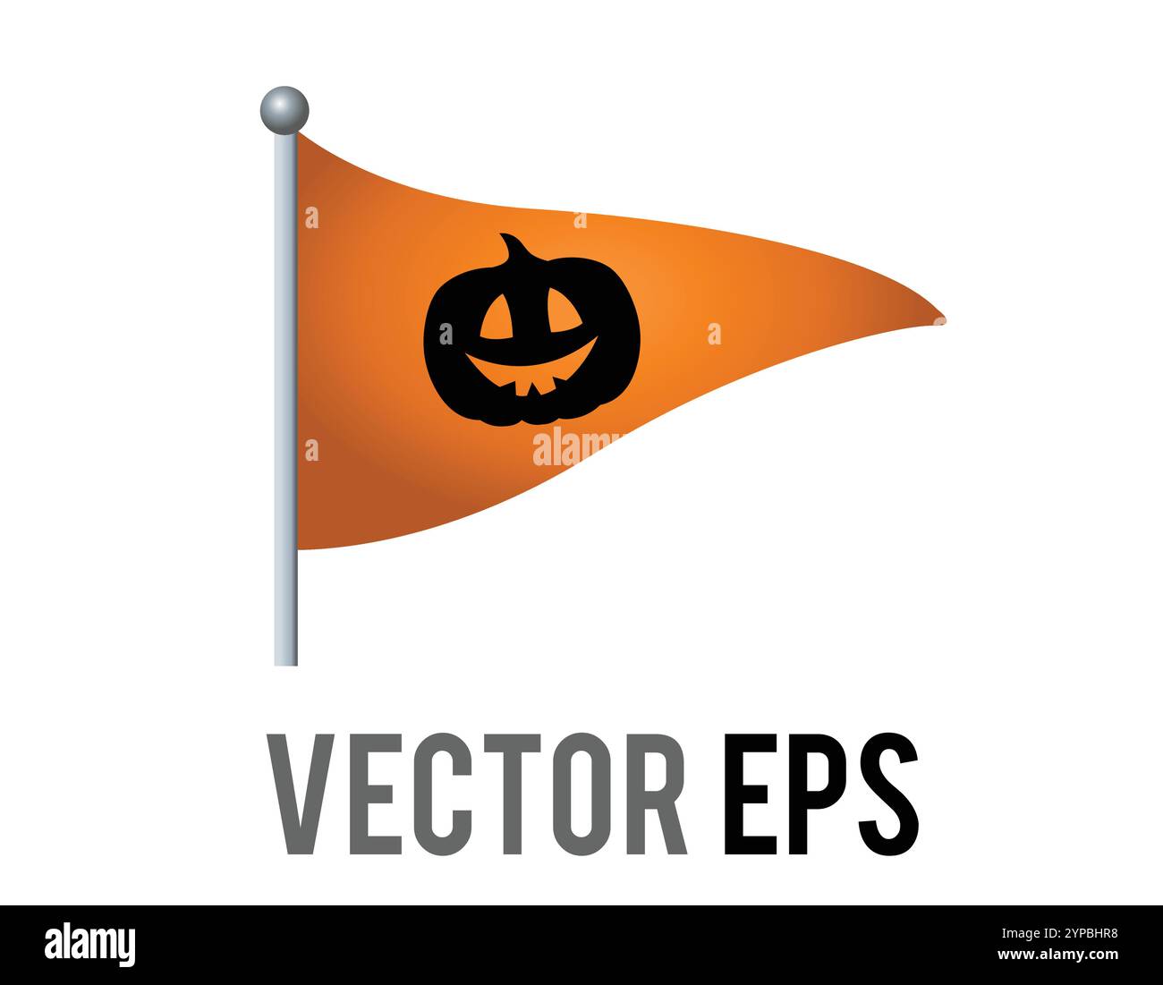 L'icona della bandiera arancione triangolare vettoriale isolata con il volto nero della zucca di Halloween e il palo d'argento. Illustrazione Vettoriale