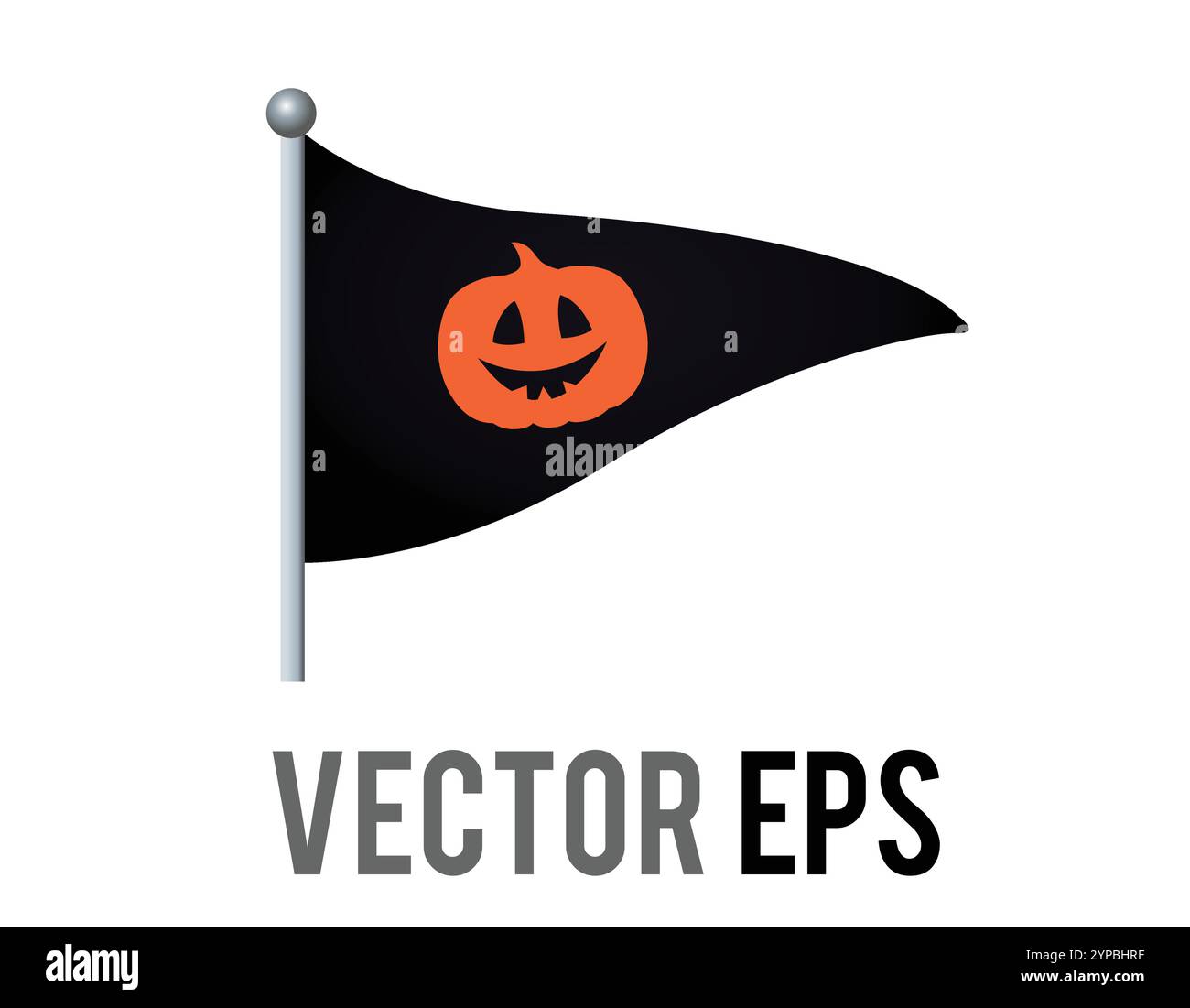 L'icona della bandiera nera triangolare vettoriale isolata con il volto della zucca di Halloween e il palo d'argento. Illustrazione Vettoriale