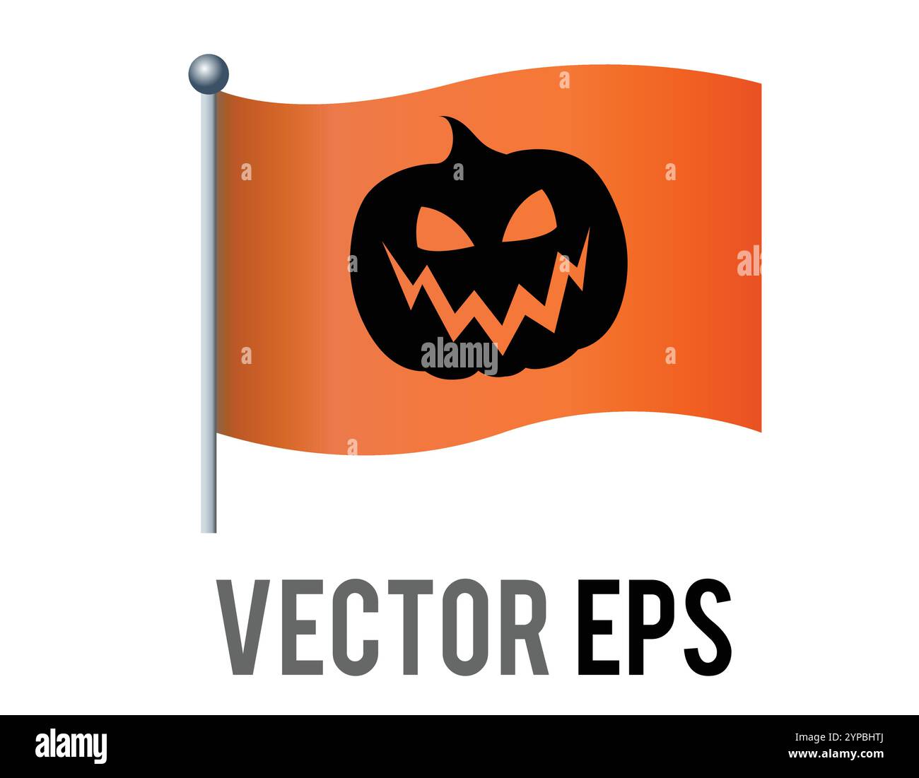 L'icona della bandiera arancione vettoriale isolata con il volto nero della zucca di Halloween e il palo d'argento. Illustrazione Vettoriale