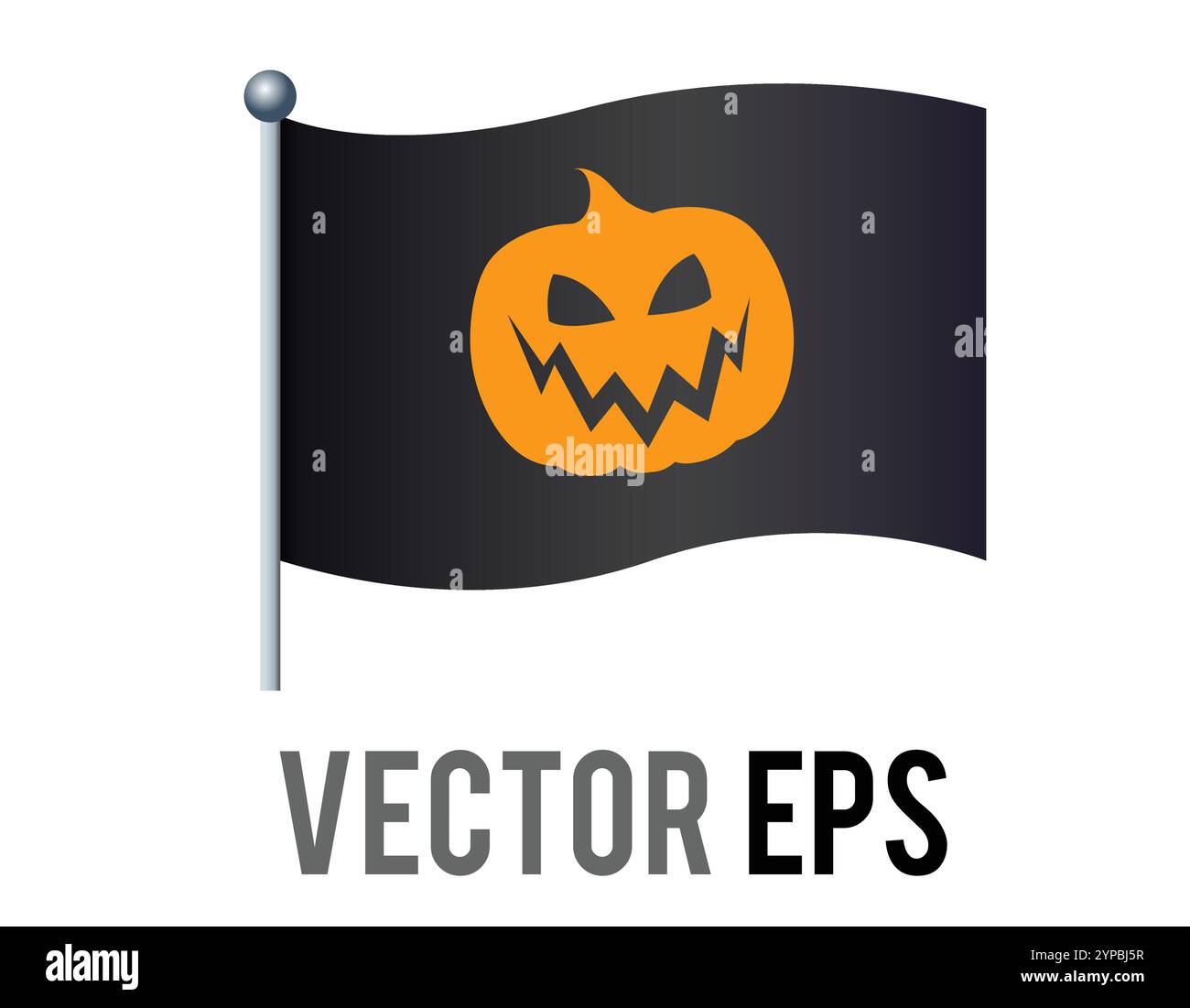 L'icona della bandiera nera vettoriale isolata con il volto della zucca di Halloween e il palo d'argento. Illustrazione Vettoriale