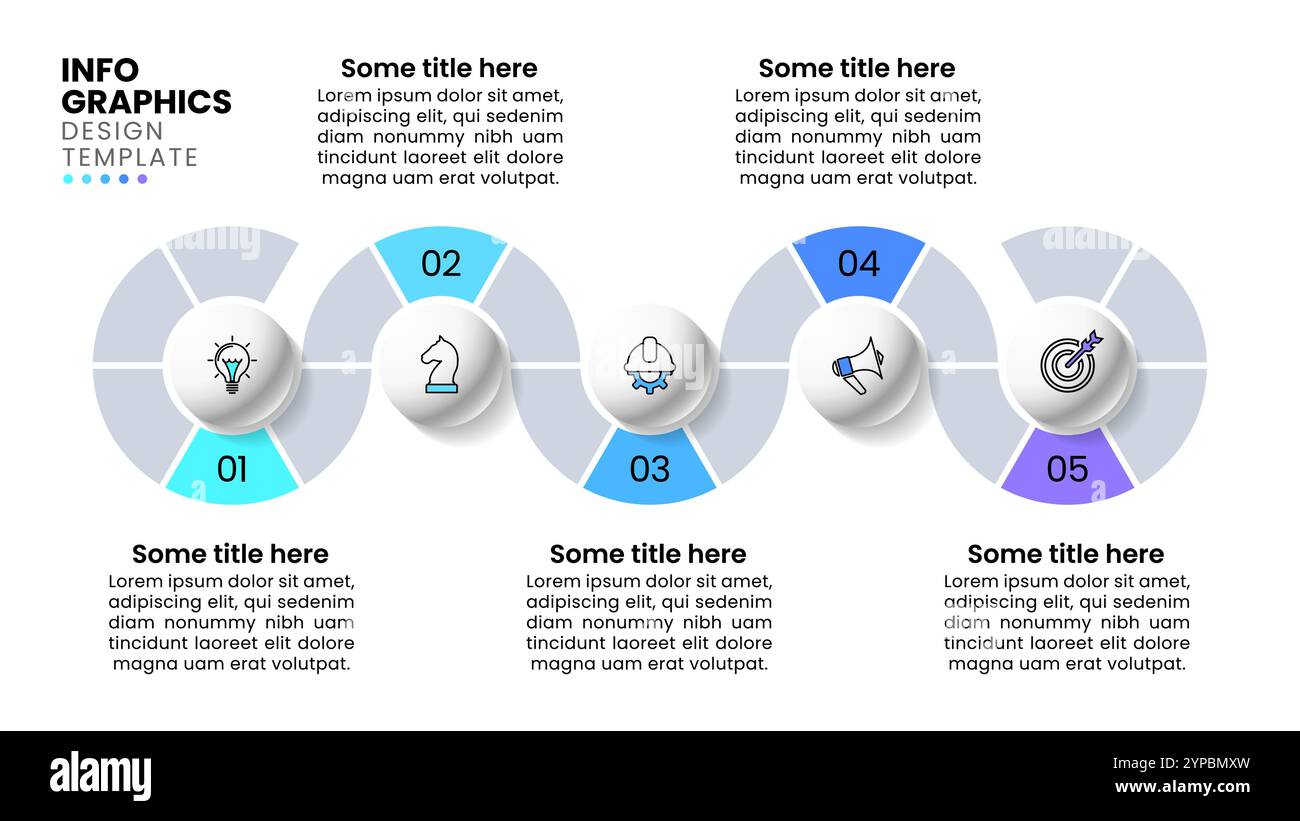 Modello infografico con icone e 5 opzioni o passaggi. Linea orizzontale. Può essere utilizzato per layout del flusso di lavoro, diagrammi, banner, webdesign. Illustrazione vettoriale Illustrazione Vettoriale