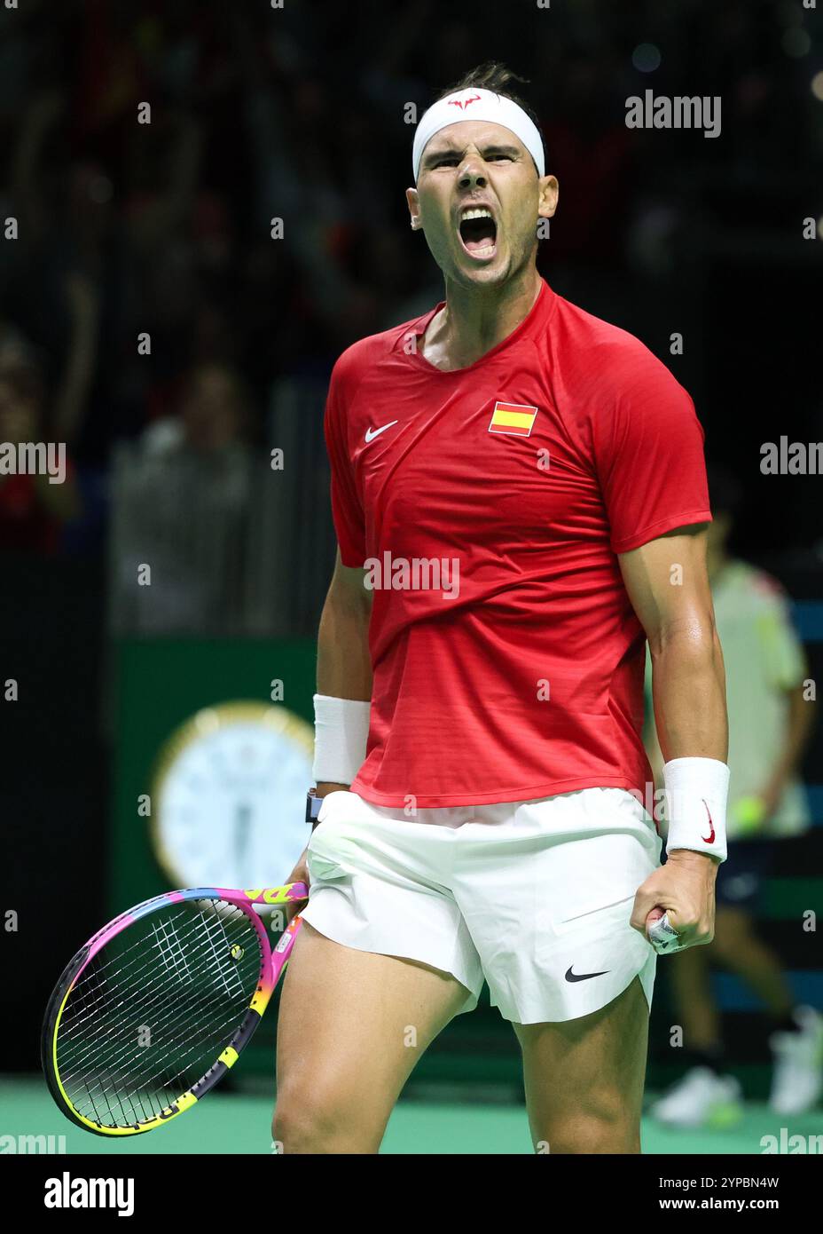 Il tennista spagnolo Rafael Nadal reagisce alle finali di Coppa Davis 2024, Palacio de Deportes Jos Mar’a Mart’n Carpena, Malaga, Spagna, Foto Stock