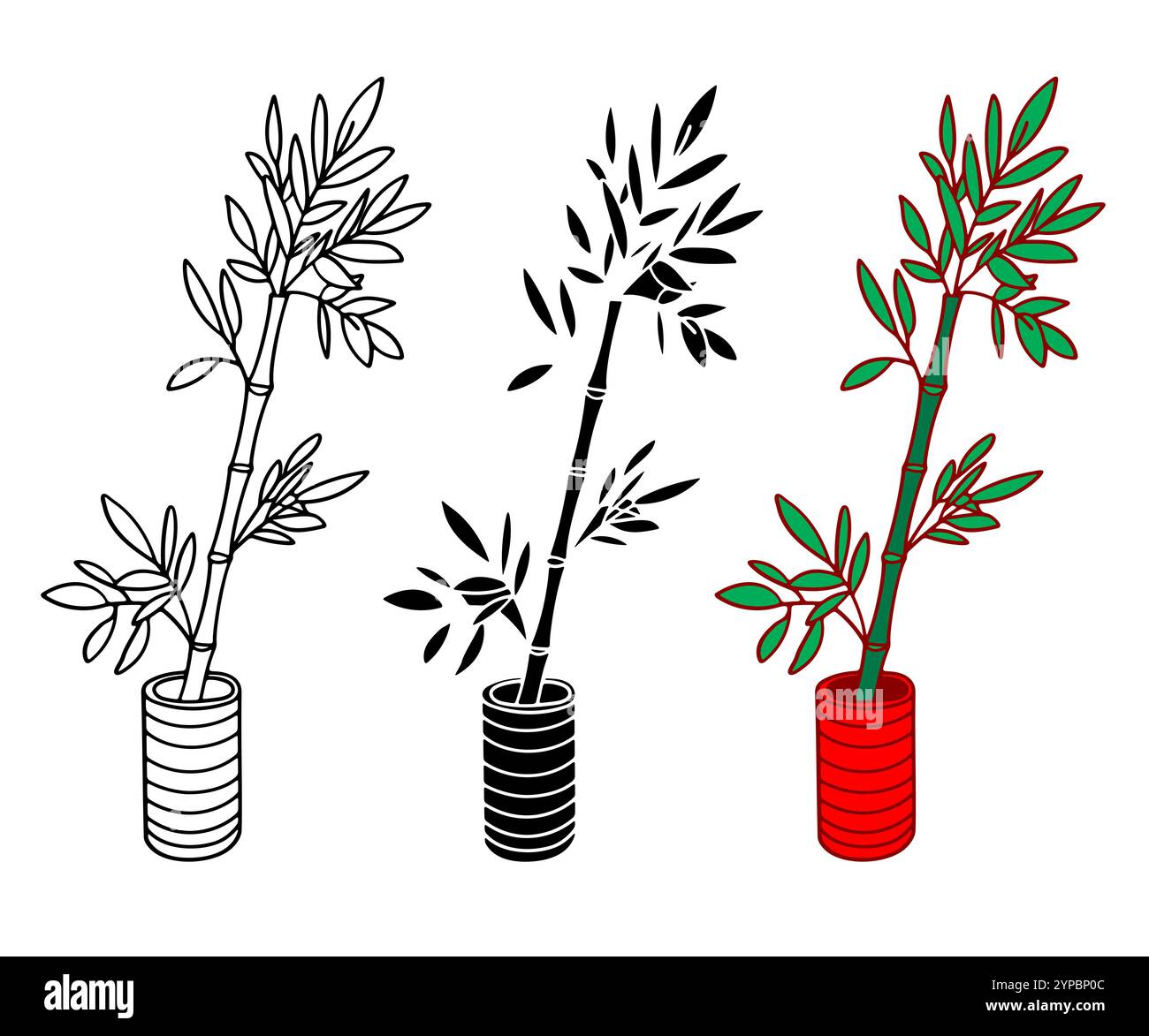 Icona Bamboo Lucky Plant sprouts. Vivace illustrazione piatta di un albero di bambù in una pentola, foglie verdi. Illustrazione Vettoriale