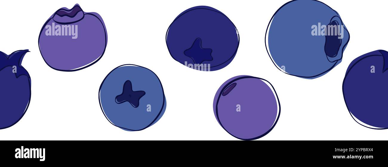 modello di bordo senza cuciture con mirtilli a linee grafiche, sfondo trasparente, tre colori dipinti su sfondo bianco Illustrazione Vettoriale