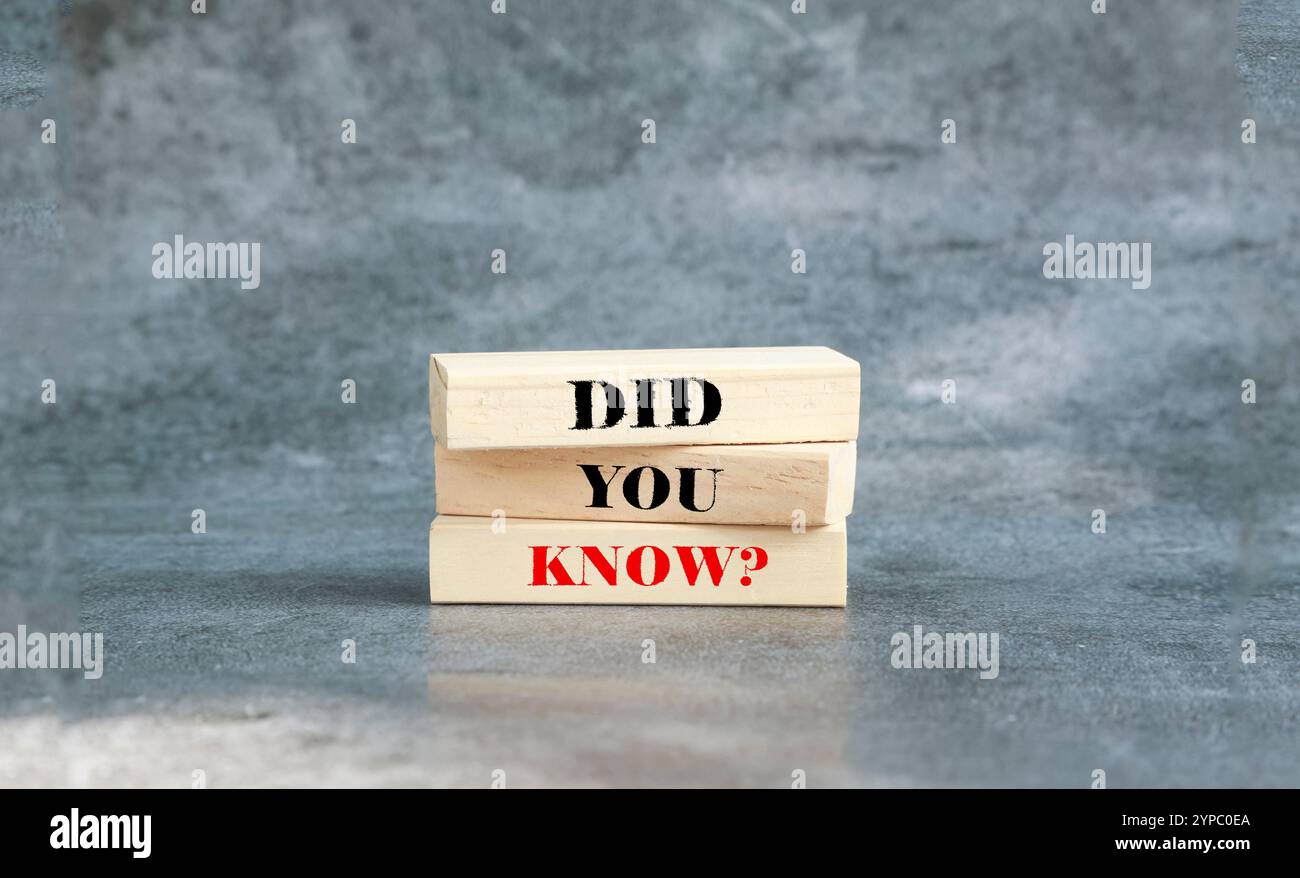 Conoscevi Symbol? Blocchi di legno con parole lo sapevate. Splendido sfondo grigio intenso. Affari e conoscevi il concetto. Copia spazio. Foto Stock