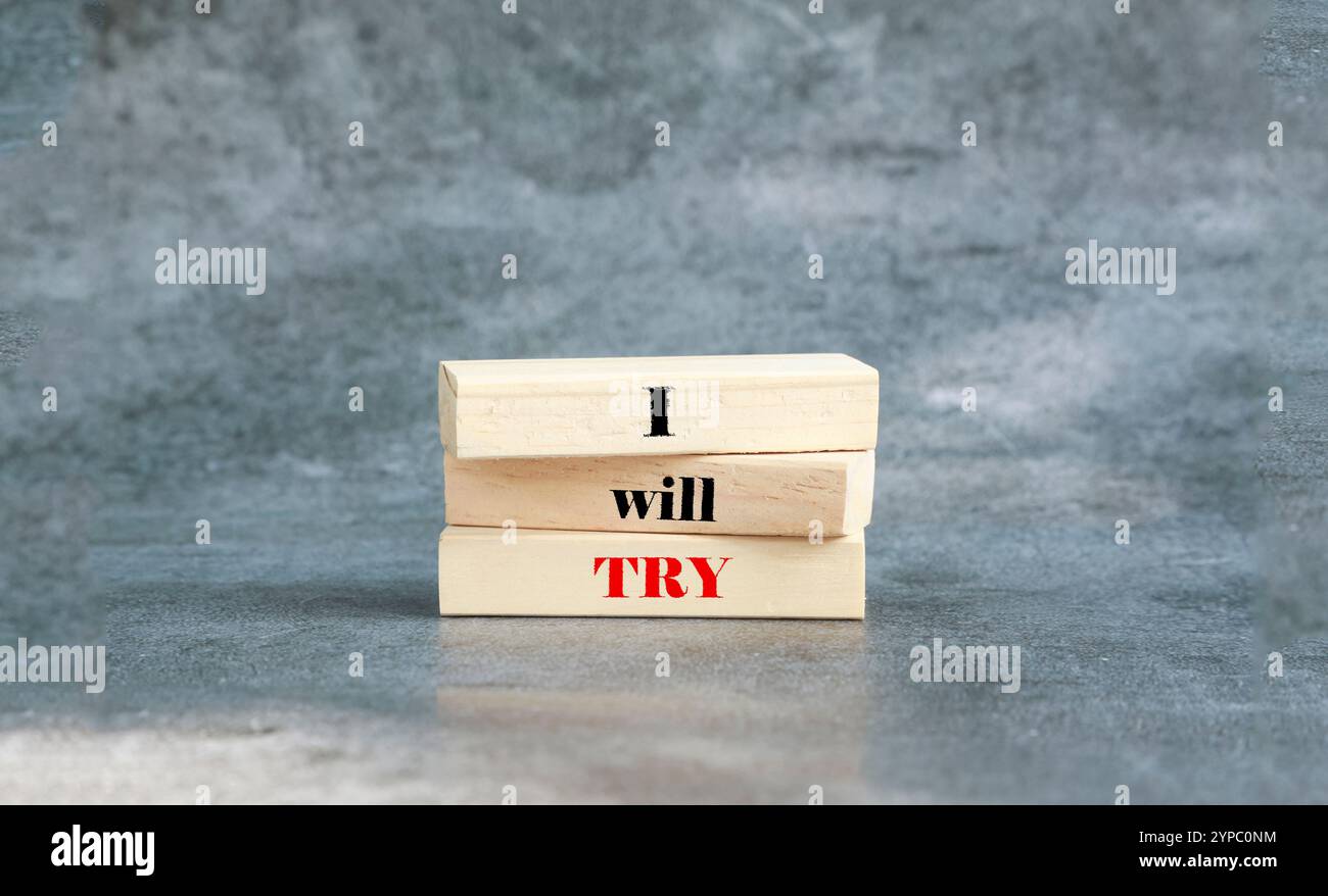 Ci proverò. Blocchi di legno con parole che proverò. Splendido sfondo grigio intenso. Io e gli affari ci proveremo. Copia spazio. Foto Stock