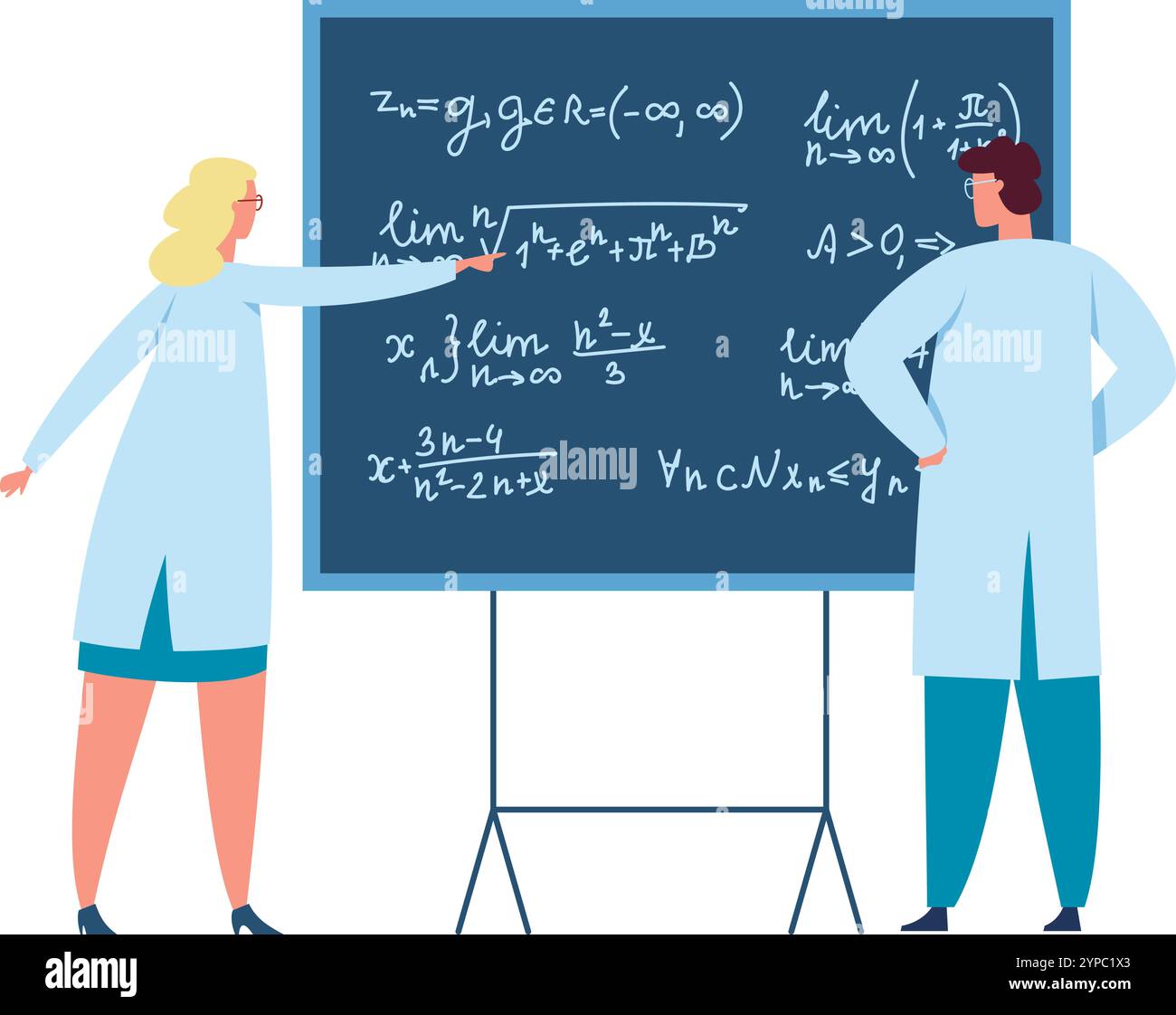 Due scienziati, una donna e un uomo, stanno studiando formule matematiche complesse scritte su una lavagna, impegnandosi in discussioni e analisi scientifiche Illustrazione Vettoriale