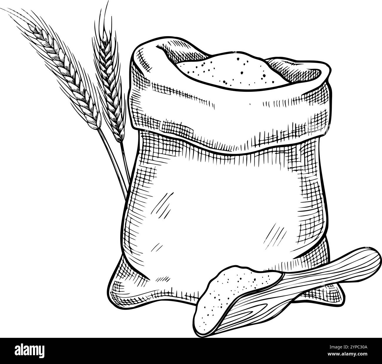 Sacco di farina con paletta e illustrazione vettoriale Spikelets. Disegno lineare del sacchetto di bavaglio intero di cereali. Ingrediente per pasticceria e panetteria. Delineare uno schizzo monocromatico per l'etichetta del prodotto. Illustrazione Vettoriale