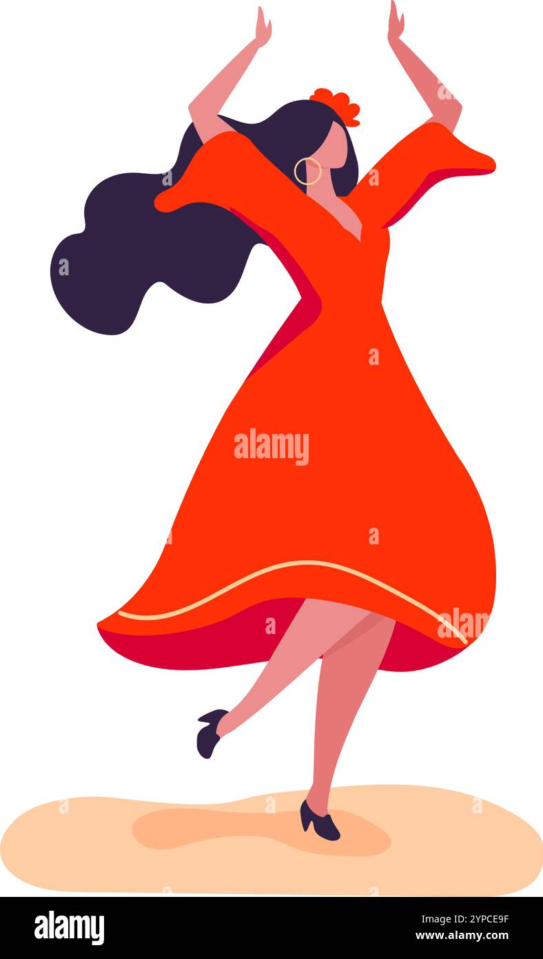 Energica ballerina di flamenco in vivace abito rosso e fiore, braccia in movimento e piedi toccando, esprimendo passione e maestria attraverso traditiona Illustrazione Vettoriale
