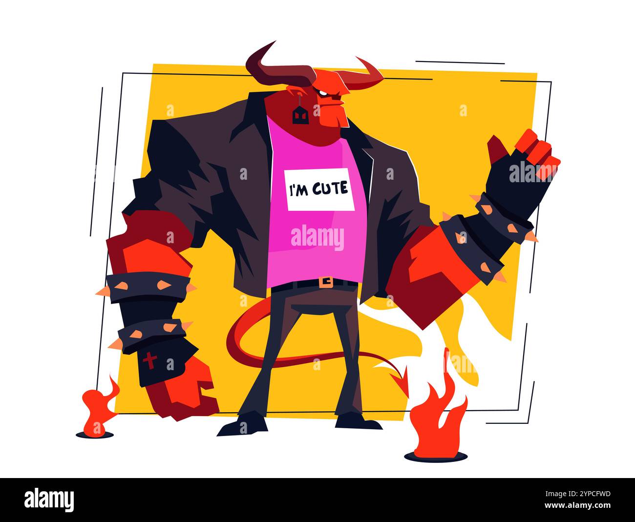 Red Devil with cute Shirt, illustrazione vettoriale. Personaggio dei demoni dei cartoni animati che indossa una T-shirt rosa. Un personaggio demone con pelle rossa, corna e coda. Taglio Illustrazione Vettoriale