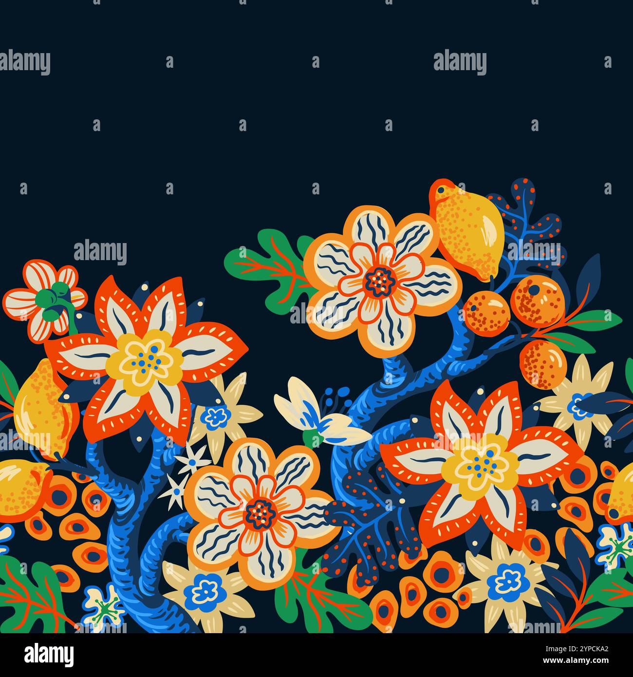 Bordo con fiori e limoni vivaci e semplici. Vettore. Illustrazione Vettoriale