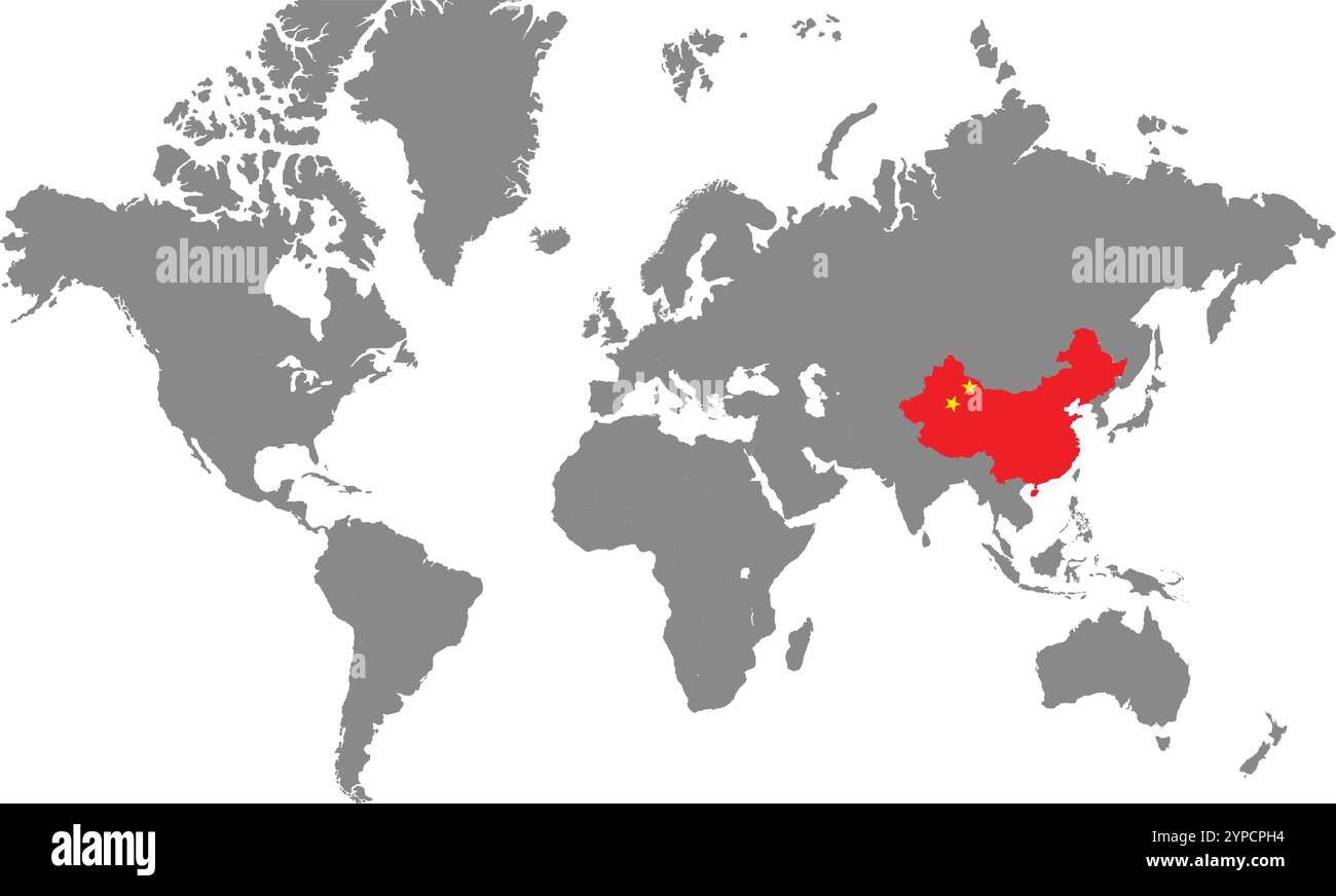 Mappa della Cina nel mondo, Mappa del mondo, Mappa geografica, mappa della Cina, linea di confine della Cina, Asia, Africa, Europa, Nord America, Sud America, Australia, Oceania Illustrazione Vettoriale