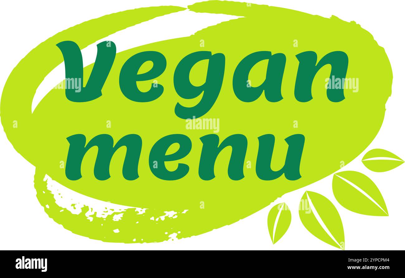 Foglie verdi vivaci evidenziano il menu vegano, promuovendo uno stile di vita sano. Aggiungete opzioni vegetali alla dieta o gustate ingredienti freschi e biologici Illustrazione Vettoriale