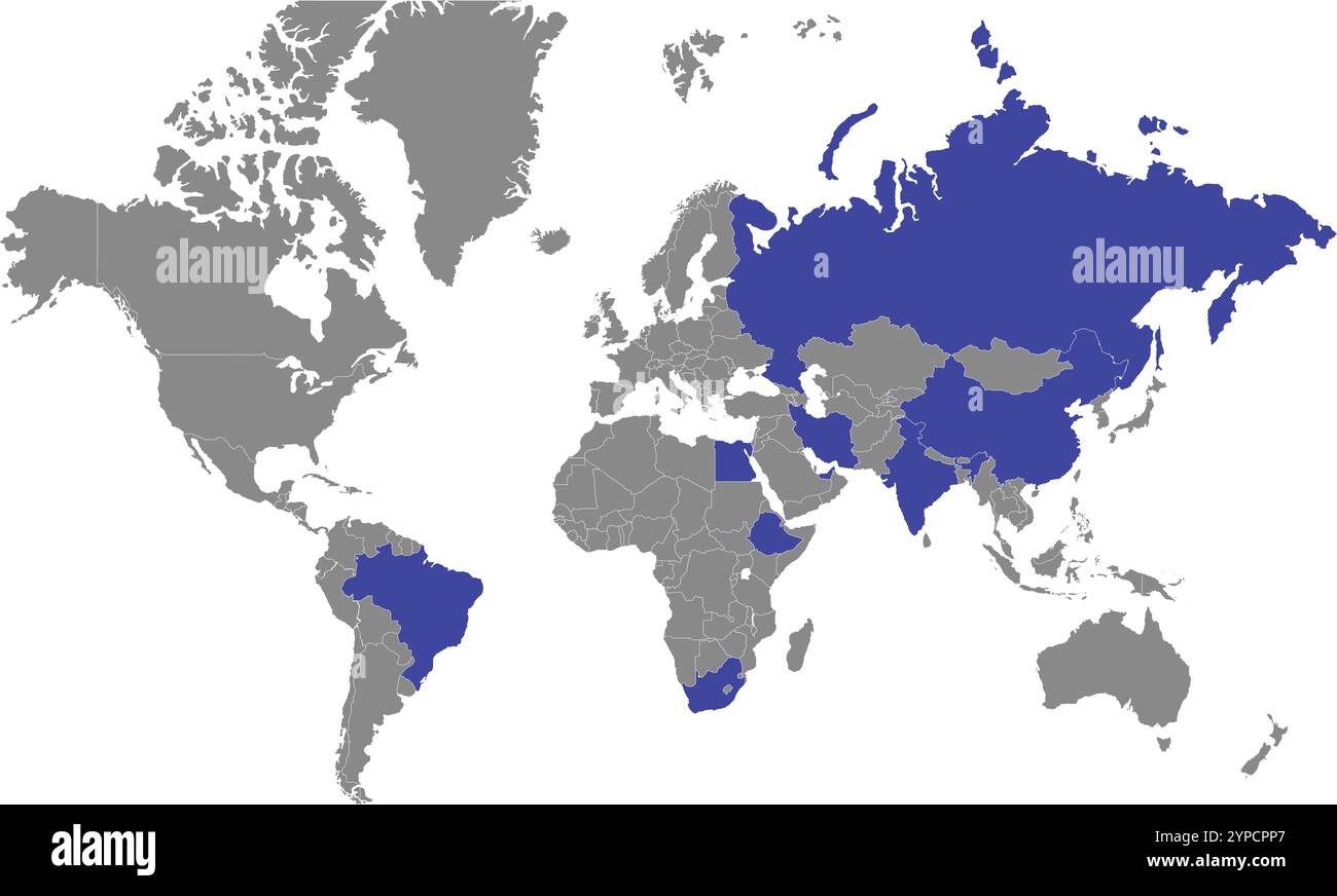 BRICS Paese nel mondo, Mappa del mondo, Mappa geografica, Mappa del Paese, linea di confine del Paese, BRICS Nation, BRICS Country Highlight, Brasile, Russia, India, chi Illustrazione Vettoriale