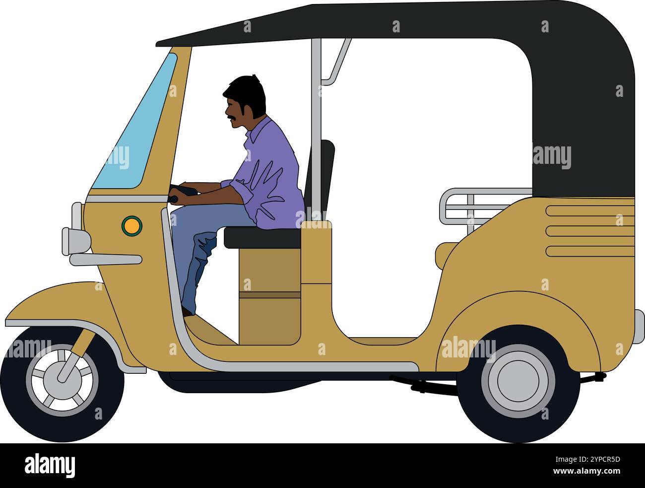 Giallo auto risciò indiano e pakistano. Illustrazione vettoriale del risciò automatico, rikshaw automatico CNG, taxi indiano a tre ruote, vista laterale del risciò automatico. Illustrazione Vettoriale