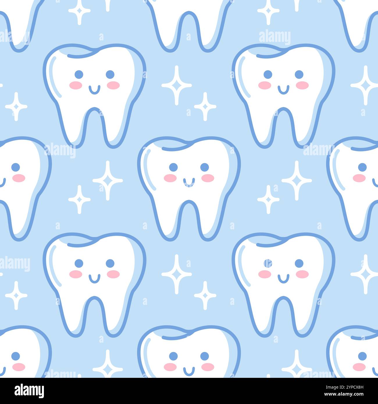 Motivo senza cuciture dei denti. Carini personaggi dei cartoni animati in stile kawaii. Organo sano, apparato digerente. Illustrazione vettoriale, stile piatto. Problemi di salute. Fil Illustrazione Vettoriale