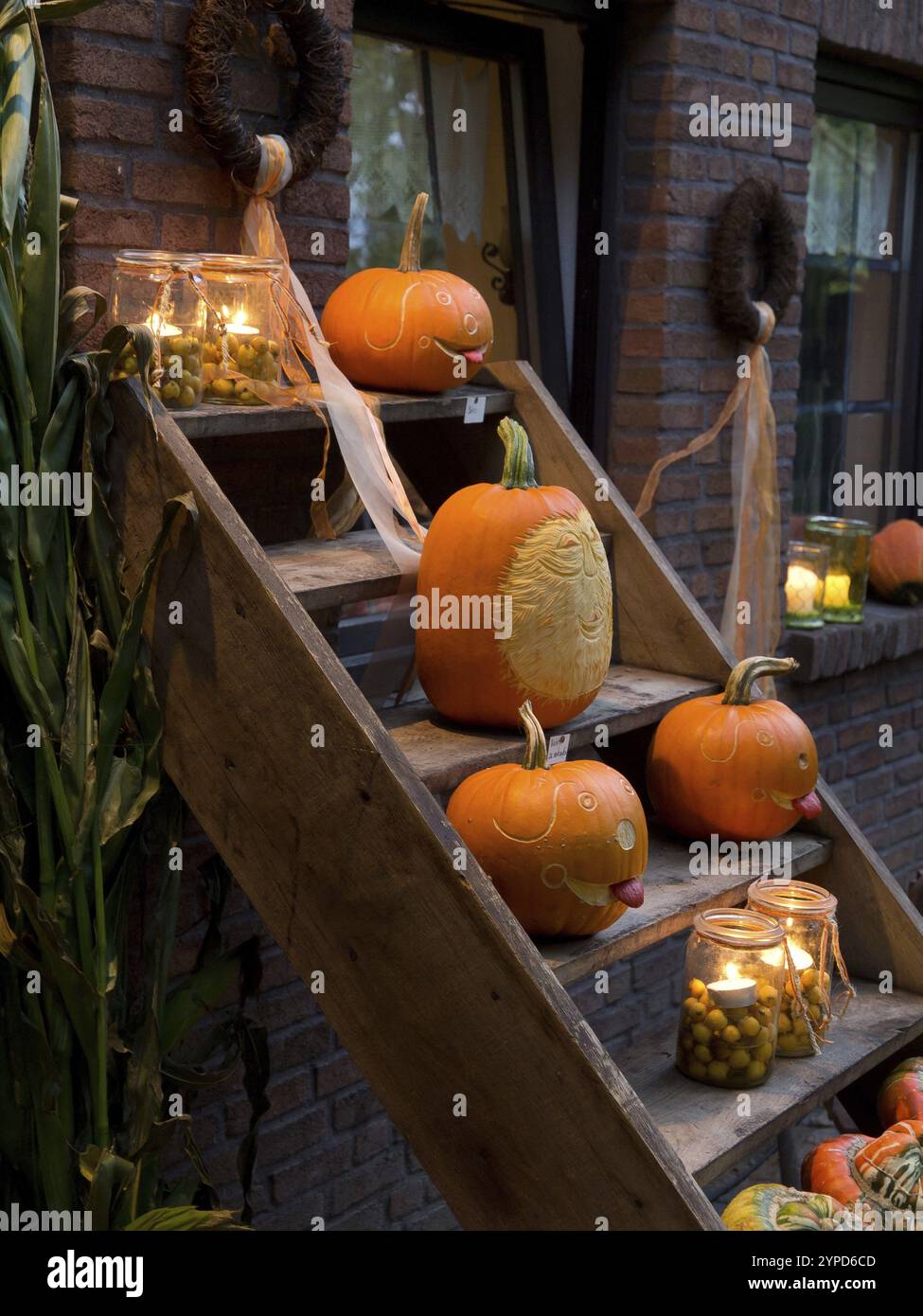 Zucche su gradini di legno di fronte a una casa decorata con candele, borken, muensterland, germania Foto Stock