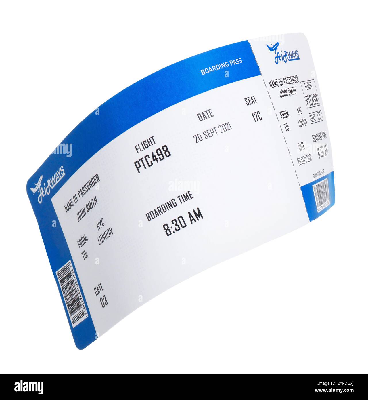 Un biglietto aereo isolato sul bianco. Viaggi all'estero Foto Stock