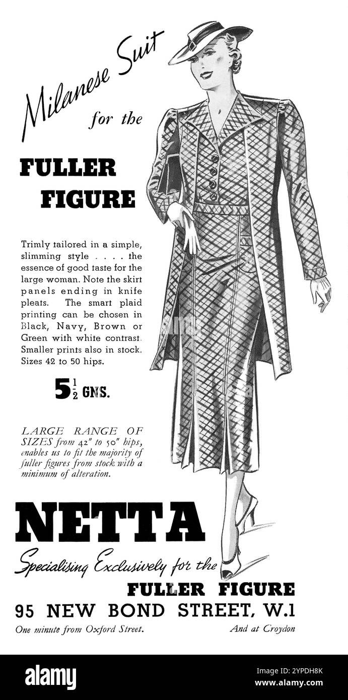 1937 pubblicità di moda britannica per la donna netta per la figura più completa. Foto Stock