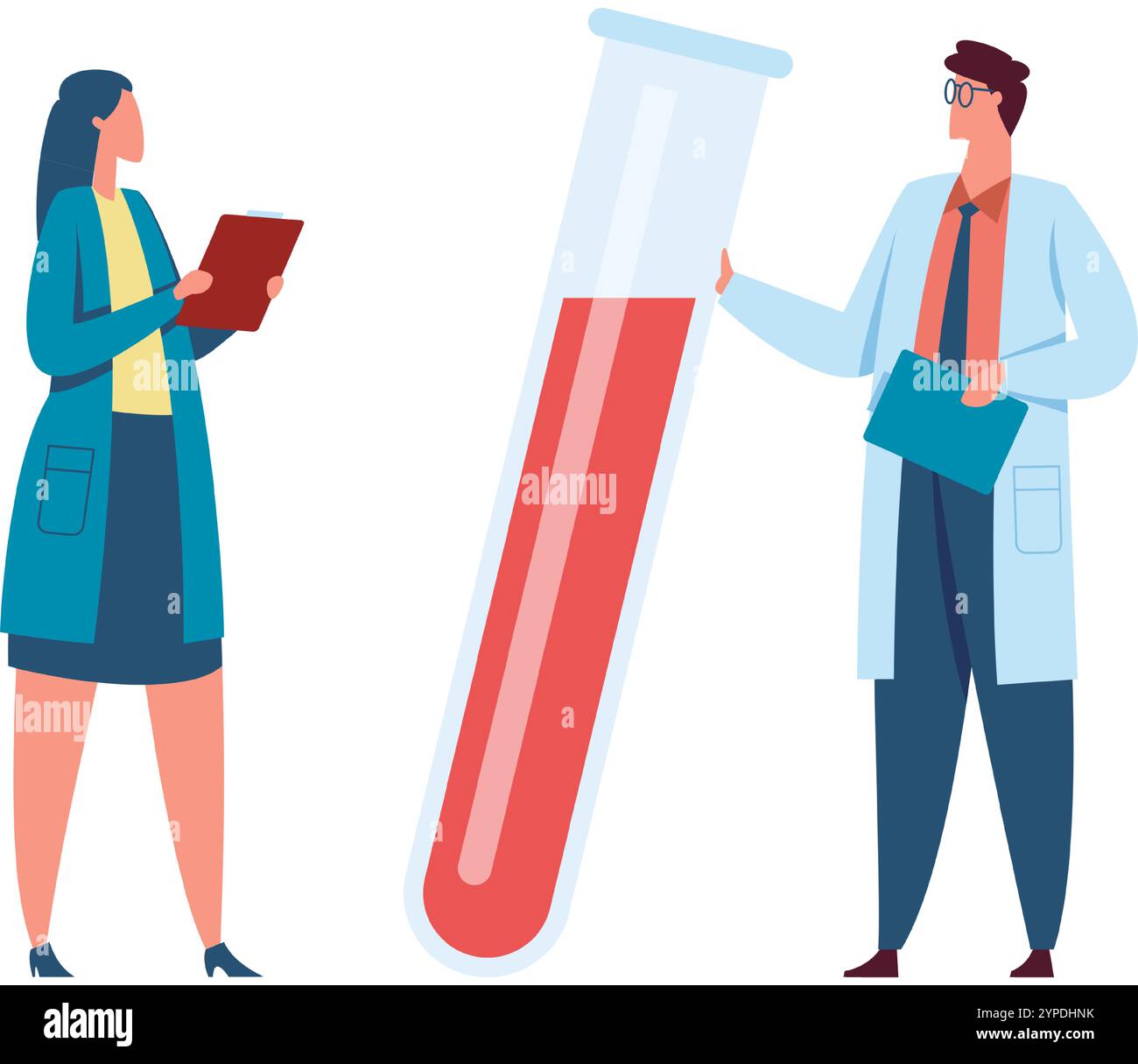 Due scienziati in camici da laboratorio stanno eseguendo esperimenti, tenendo un portadocumenti e analizzando una provetta gigante contenente un liquido rosso, conducendo ricerche e analisi in laboratorio Illustrazione Vettoriale