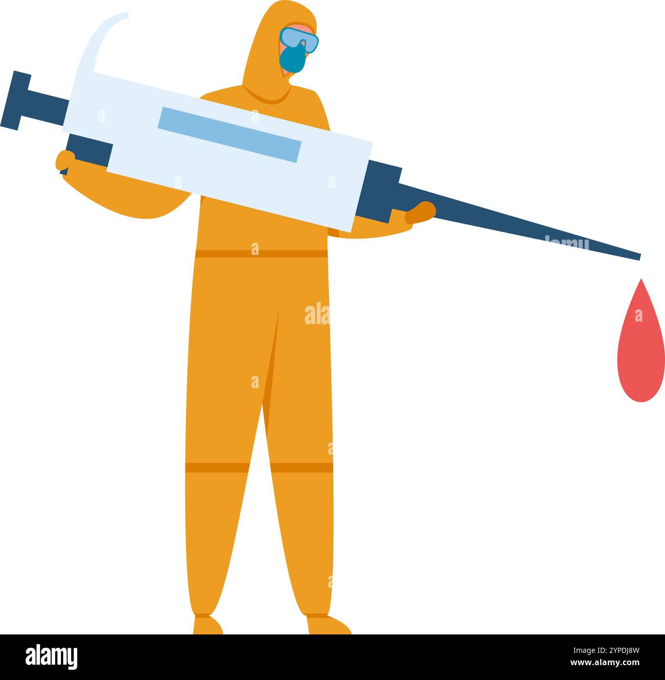 Medico che indossa una tuta di hazmat gialla e una maschera protettiva che tiene una siringa gigante con una goccia di vaccino, che rappresenta la vaccinazione, l'assistenza sanitaria e la risposta pandemica Illustrazione Vettoriale