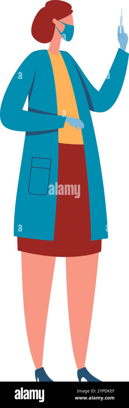 Una donna medico in maschera prepara un'iniezione di vaccino in un ospedale, sottolineando la sicurezza e la professionalità nel settore sanitario Illustrazione Vettoriale