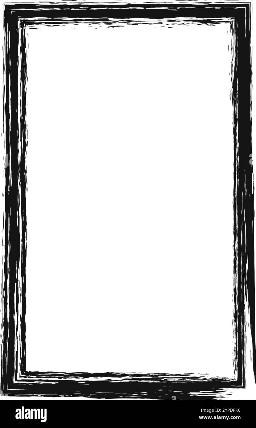 La cornice grunge nera disegnata a mano crea un bordo rettangolare che aggiunge un tocco artistico e grezzo allo sfondo bianco pulito, perfetto per inquadrare testo o immagini Illustrazione Vettoriale