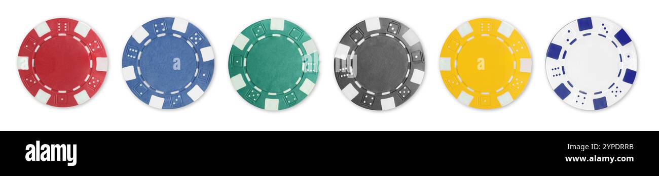 Diverse chip del casinò isolate su bianco, set Foto Stock
