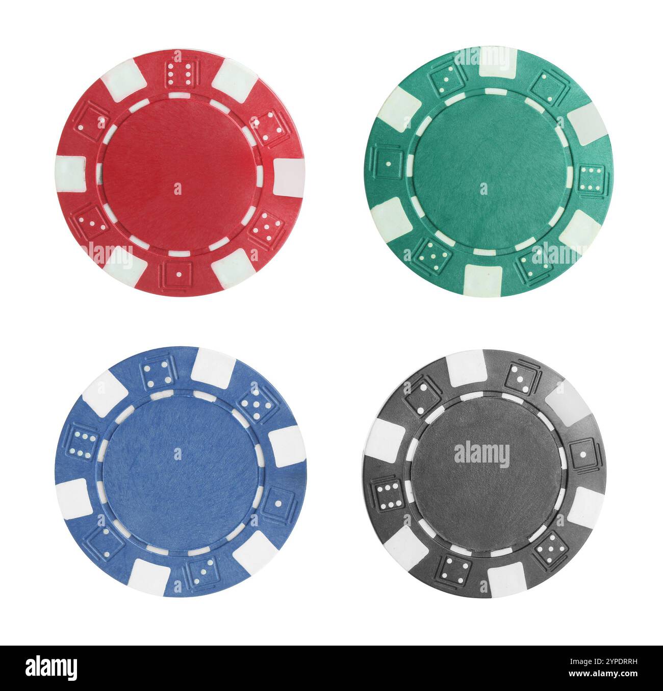 Diverse chip del casinò isolate su bianco, set Foto Stock