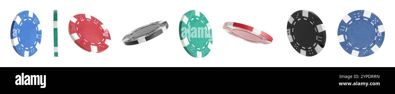 Diverse chip del casinò isolate su bianco, set Foto Stock