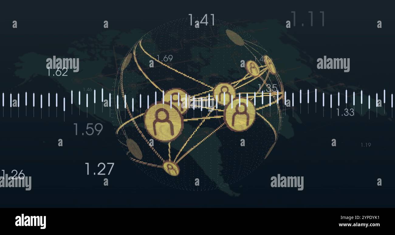 Connessioni di rete globali e immagine di visualizzazione dei dati sulla mappa mondiale Foto Stock