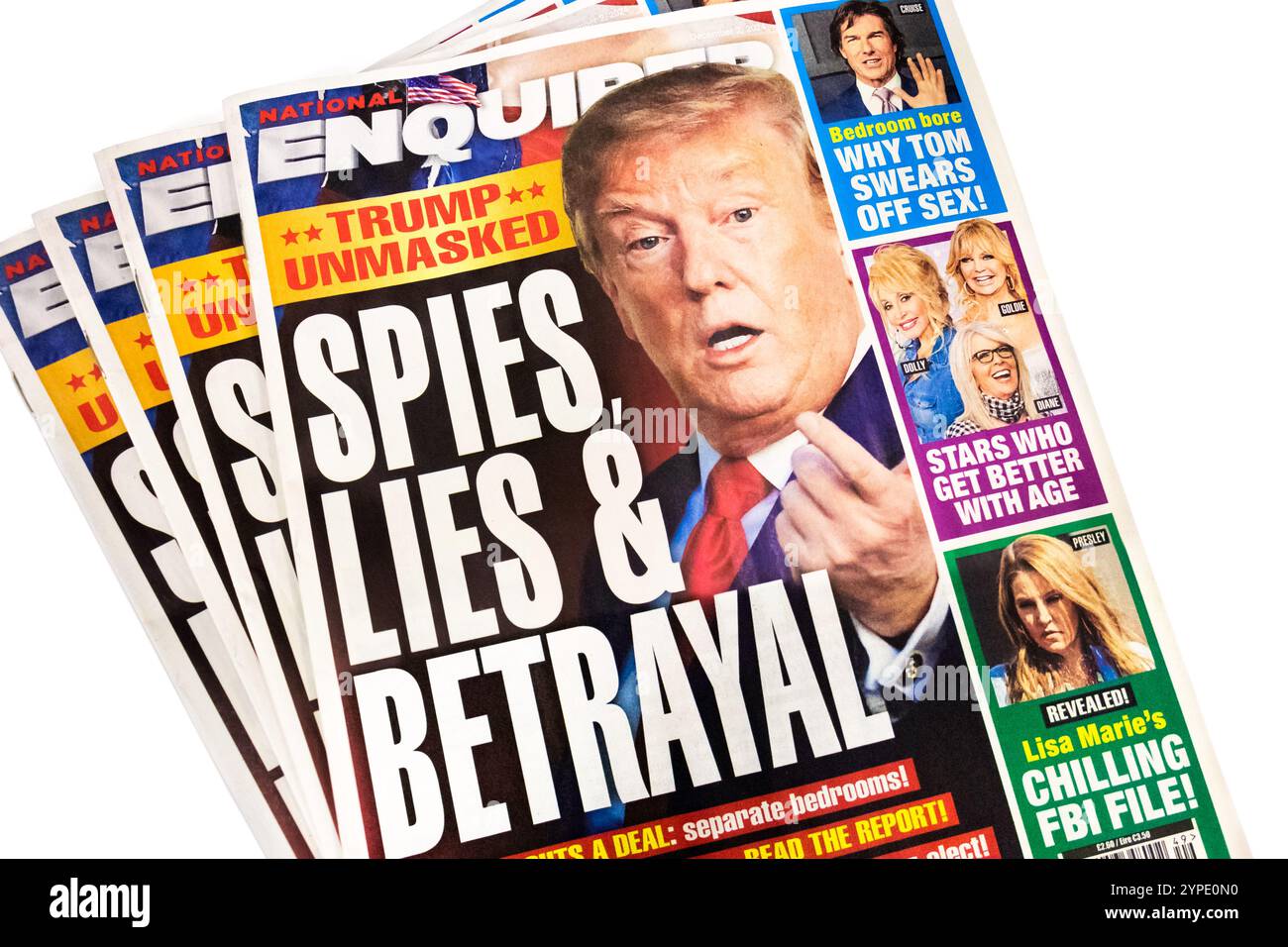 I titoli delle notizie di Donald Trump sulla copertina di National Enquirer. Scandali e voci del presidente degli Stati Uniti sono presenti sul tabloid delle celebrità. Foto Stock