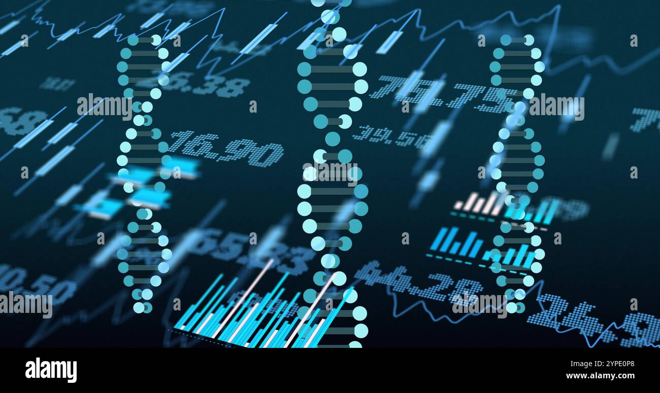Dati finanziari e analisi del mercato azionario su grafici e grafici fluttuanti Foto Stock