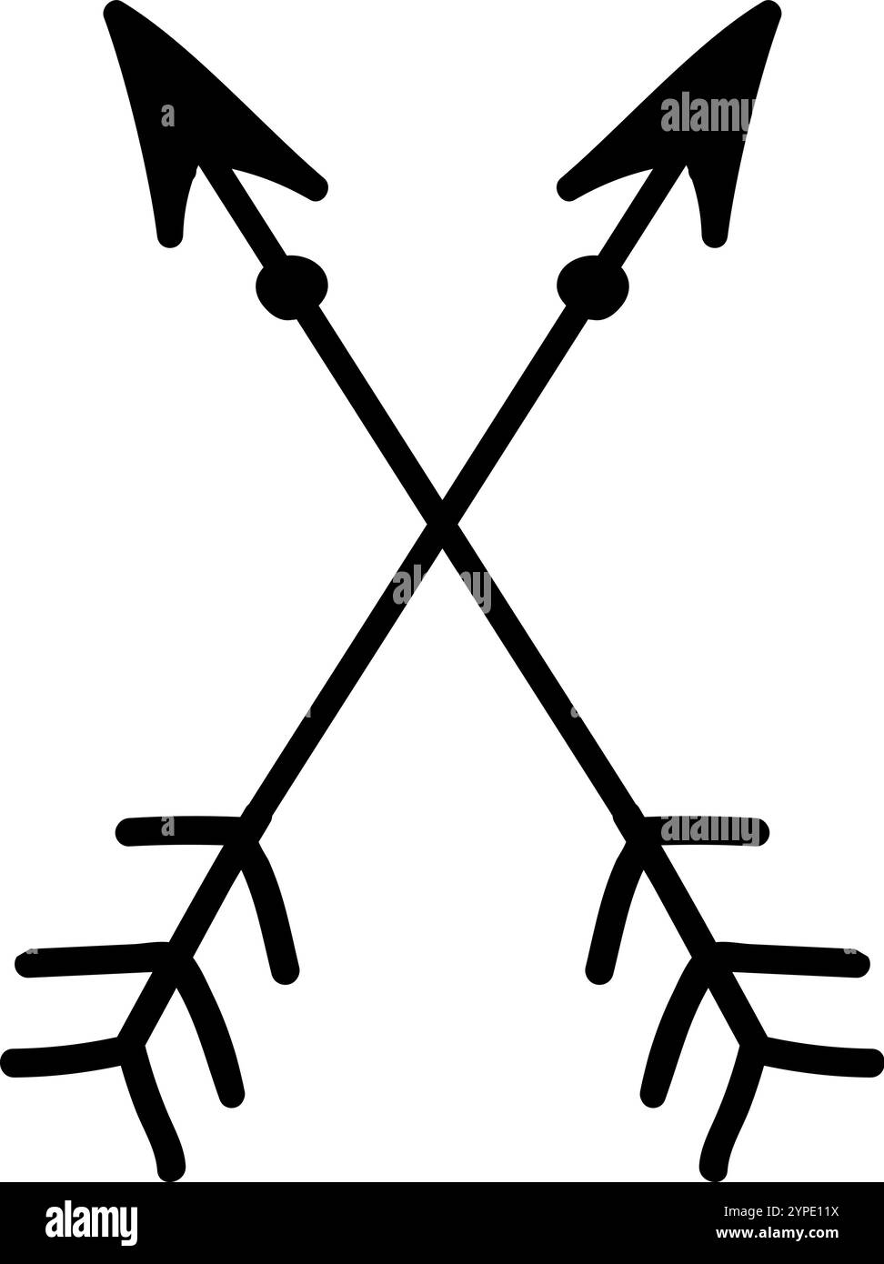 Due frecce disegnate a mano si intersecano, simboleggiando l'opposizione o il processo decisionale in bianco e nero. Cattura l'essenza delle forze avversarie in un momento di scelta o sfida Illustrazione Vettoriale