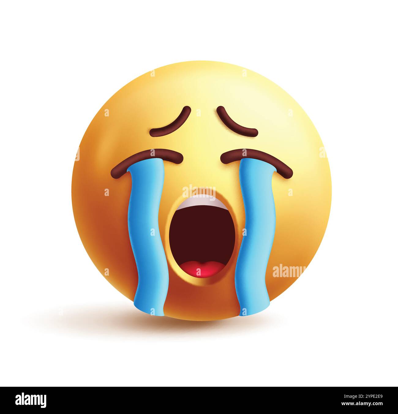 Personaggio 3d della clipart emoji SOB. Faccia di emoji piangente, gocce di lacrime, bocca aperta, dolore, triste, immagine dell'icona gialla con espressione del volto depressa e infelice Illustrazione Vettoriale