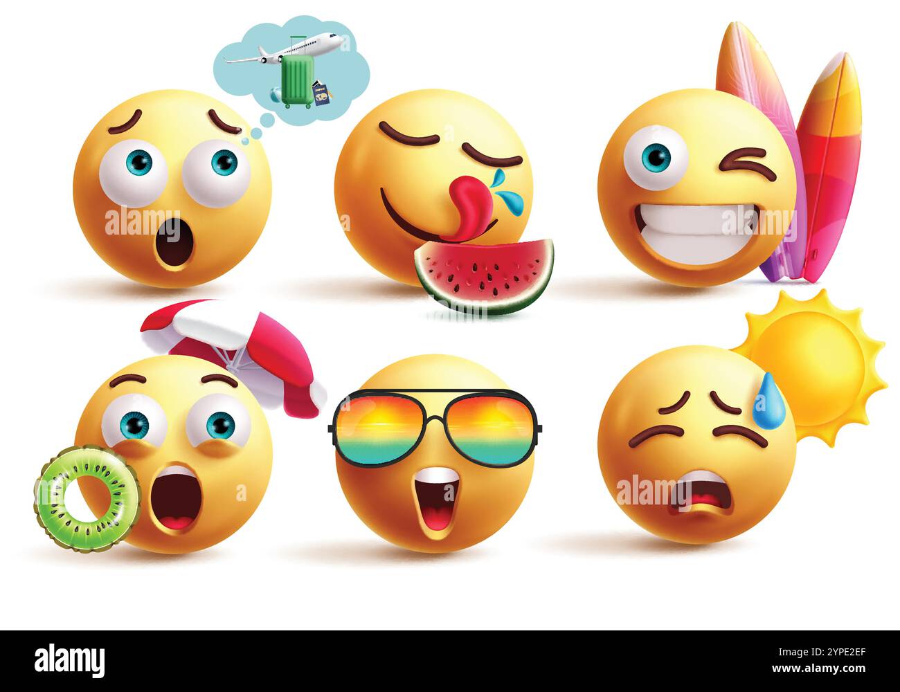 Set di caratteri clipart emoji estivi. Collezione estiva di personaggi 3d emoji con aeroplano pensante, mangiando anguria, surf, nuoto, occhiali da sole Illustrazione Vettoriale