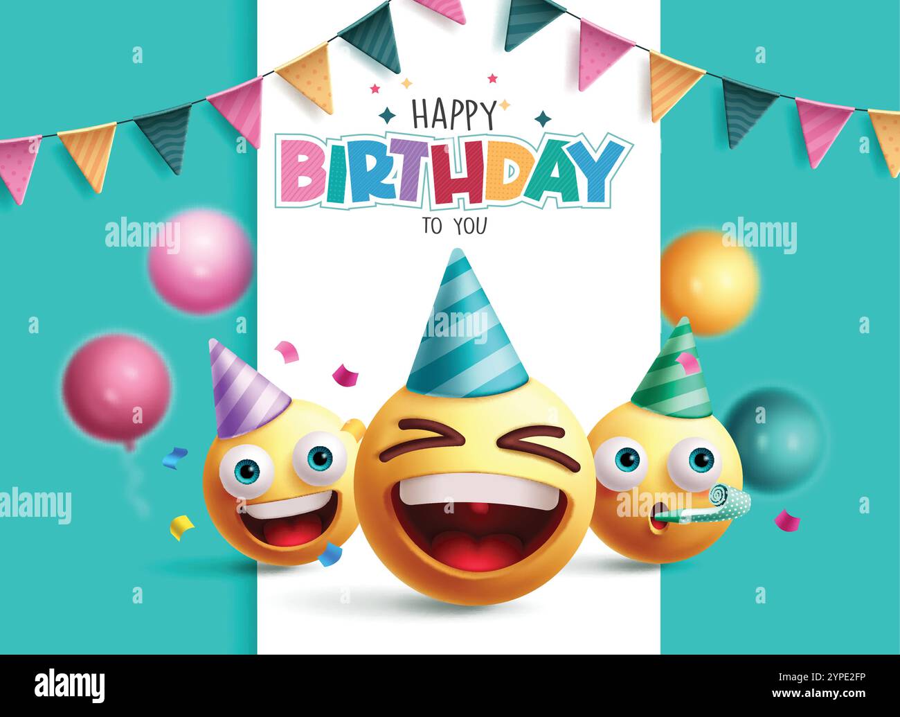 Design della clipart emoji di compleanno. Personaggi emoji per buon compleanno con testo di saluto, pennant e elementi decorativi palloncini. Illustrazione vettoriale Illustrazione Vettoriale