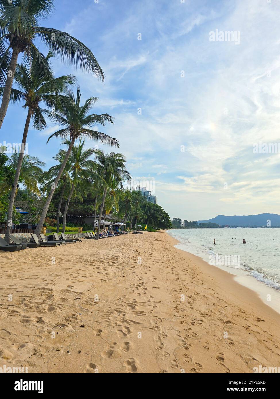 I visitatori passeggiano lungo le spiagge sabbiose di Bangsaray in Thailandia, godendosi la brezza dolce e le vivaci palme. Il paesaggio idilliaco invita al relax Foto Stock