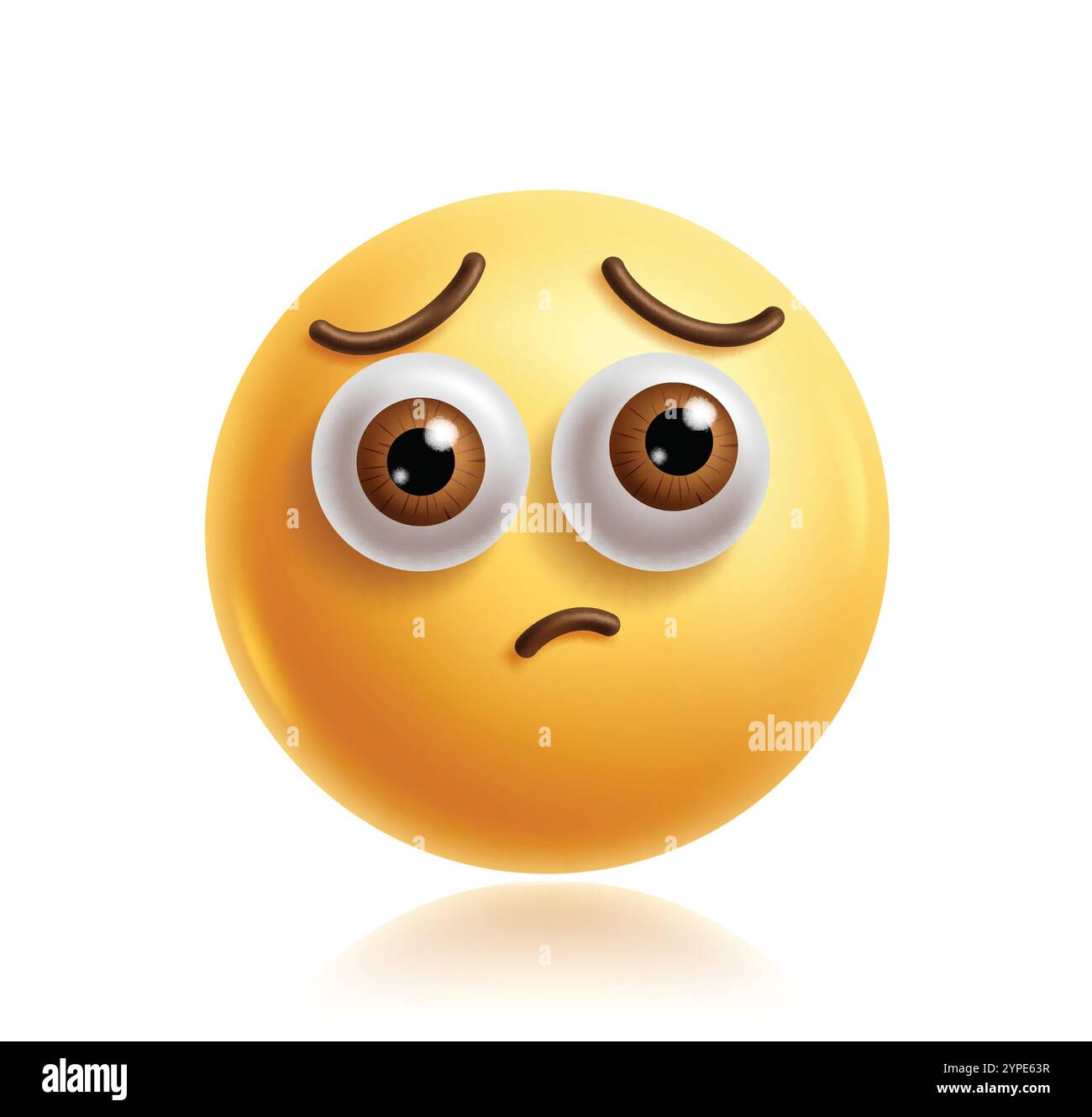 Triste personaggio 3d della clipart emoji. Emoji viso sconvolto, sgombro, disperazione, dolore, stress e espressione facciale senza speranza elemento grafico rotondo giallo. Vettore Illustrazione Vettoriale