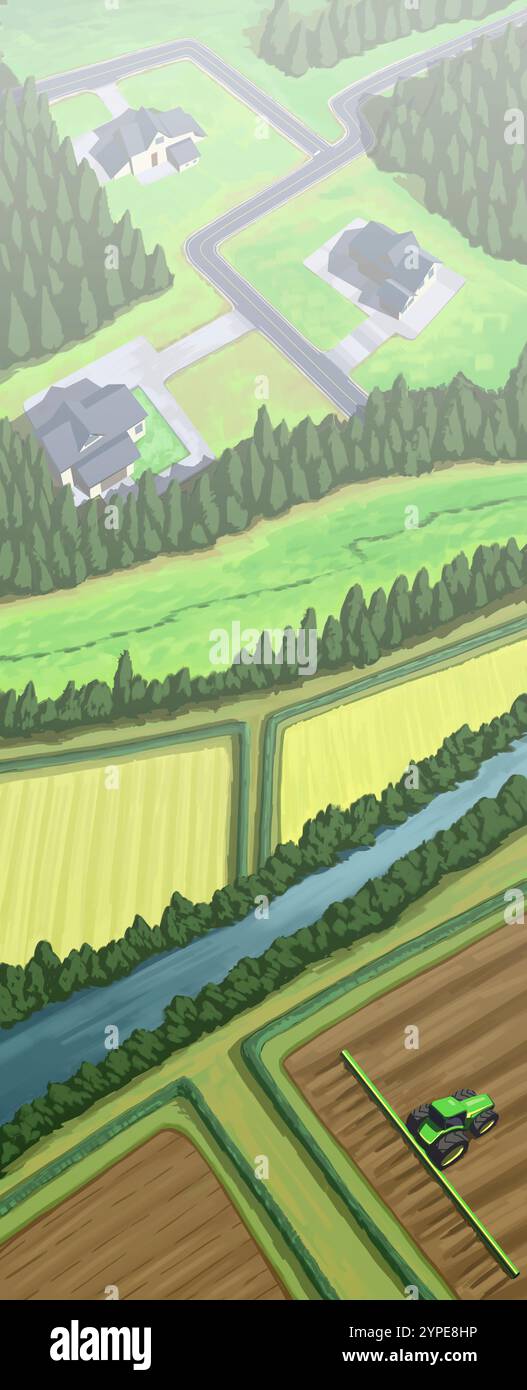 Terreno agricolo, illustrazione. Rappresentazione di una città agricola rurale. Foto Stock