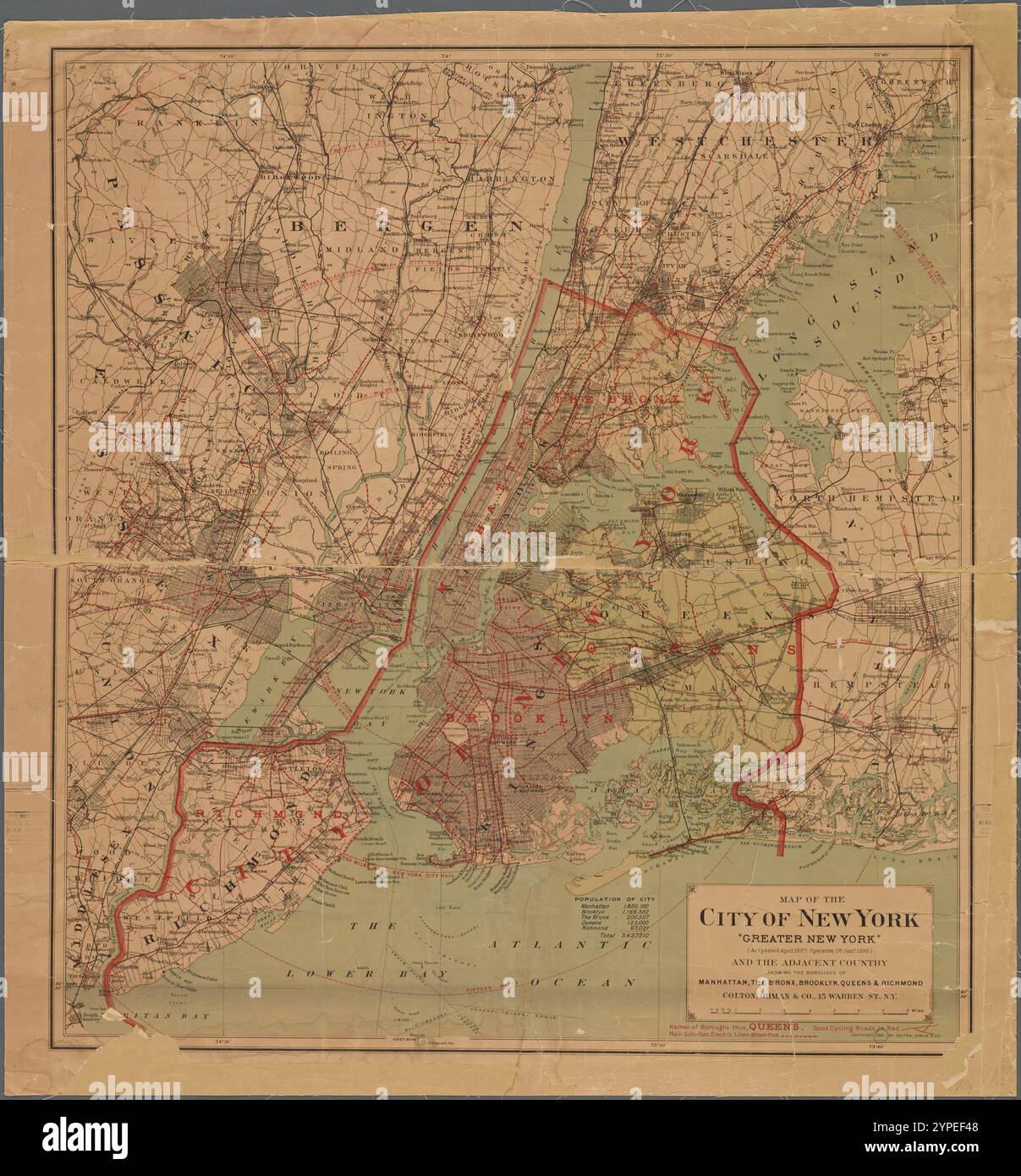 Mappa della città di New York : Greater New York e il paese adiacente che mostra il quartiere di Manhattan, il Bronx, Brooklyn, Queens & Richmond 1901 di Colton, Ohman & Co Foto Stock