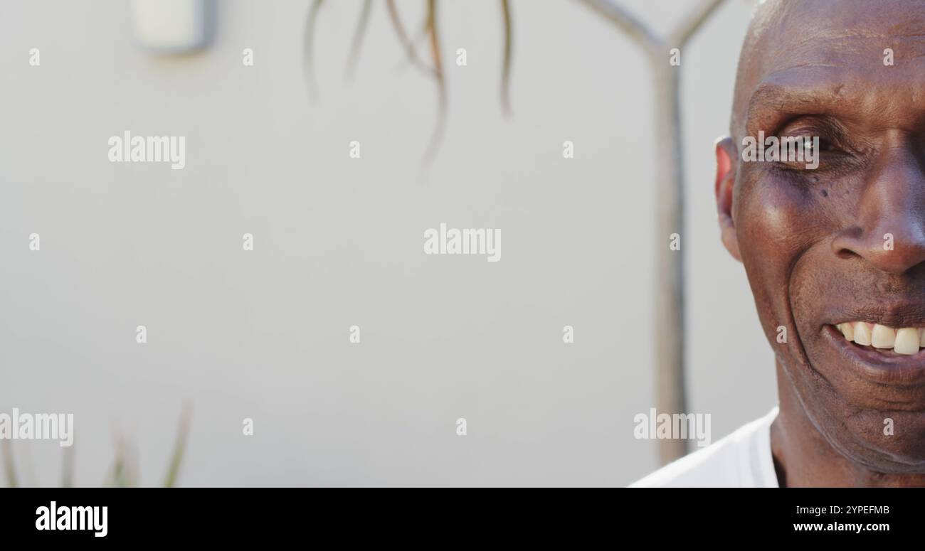 Ritratto di un uomo afro-americano felice inalterato sorridente al rallentatore, con spazio di copia Foto Stock