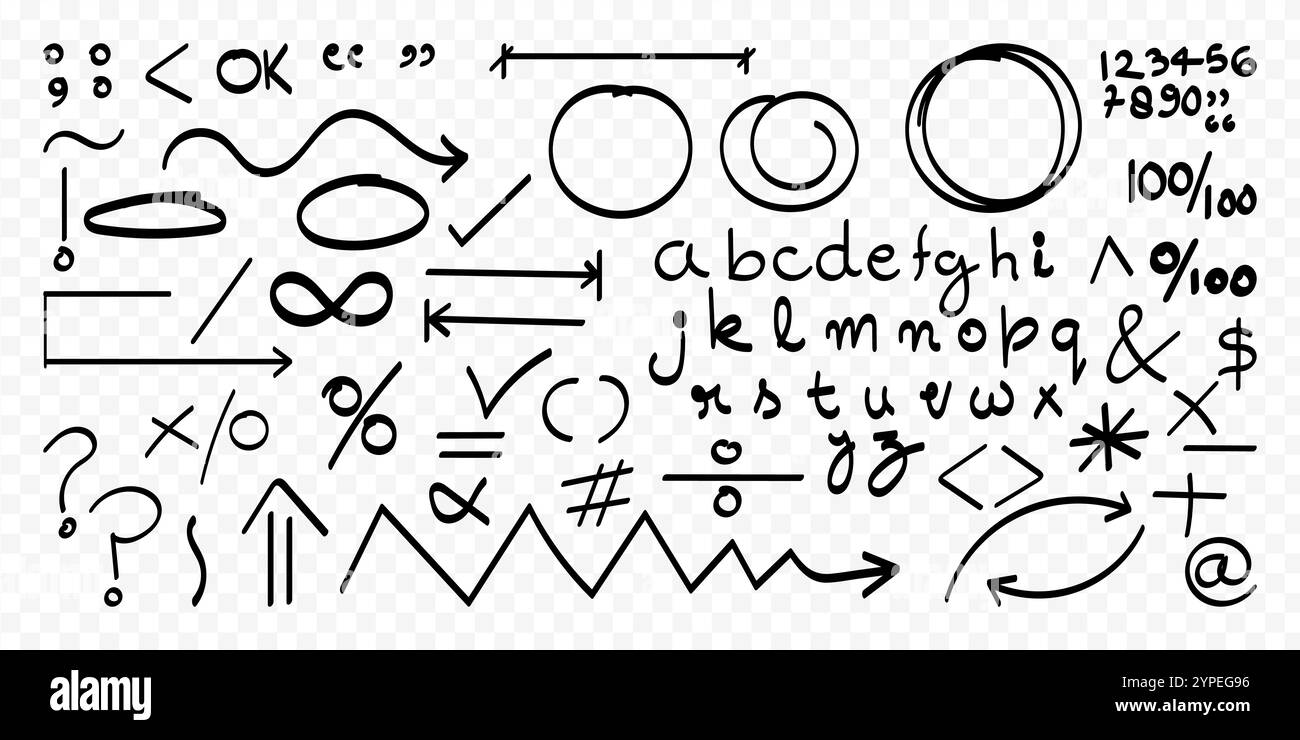 Illustrazione vettoriale di frecce, forme, alfabeti e numeri disegnati a mano su sfondo trasparente Illustrazione Vettoriale