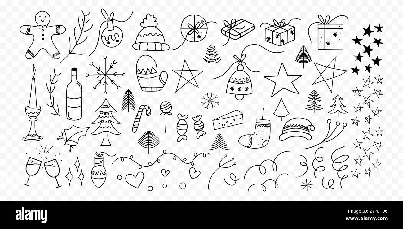 Spaghetti natalizi disegnati a mano su sfondo trasparente Illustrazione Vettoriale