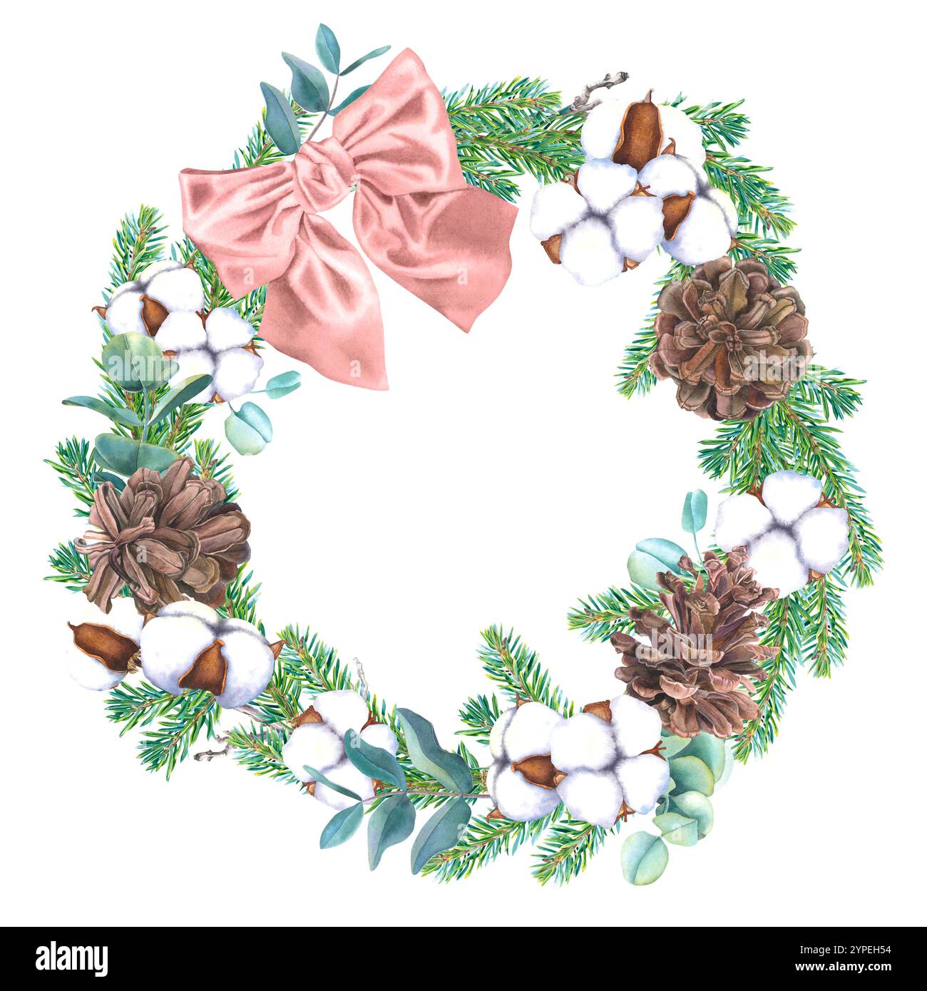 Ghirlanda con coni di pino, rami di conifere, eucalipto, bolli di cotone e fiocco a nastro rosa. Immagine ad acquerello disegnata a mano della cornice rotonda. Foto Stock